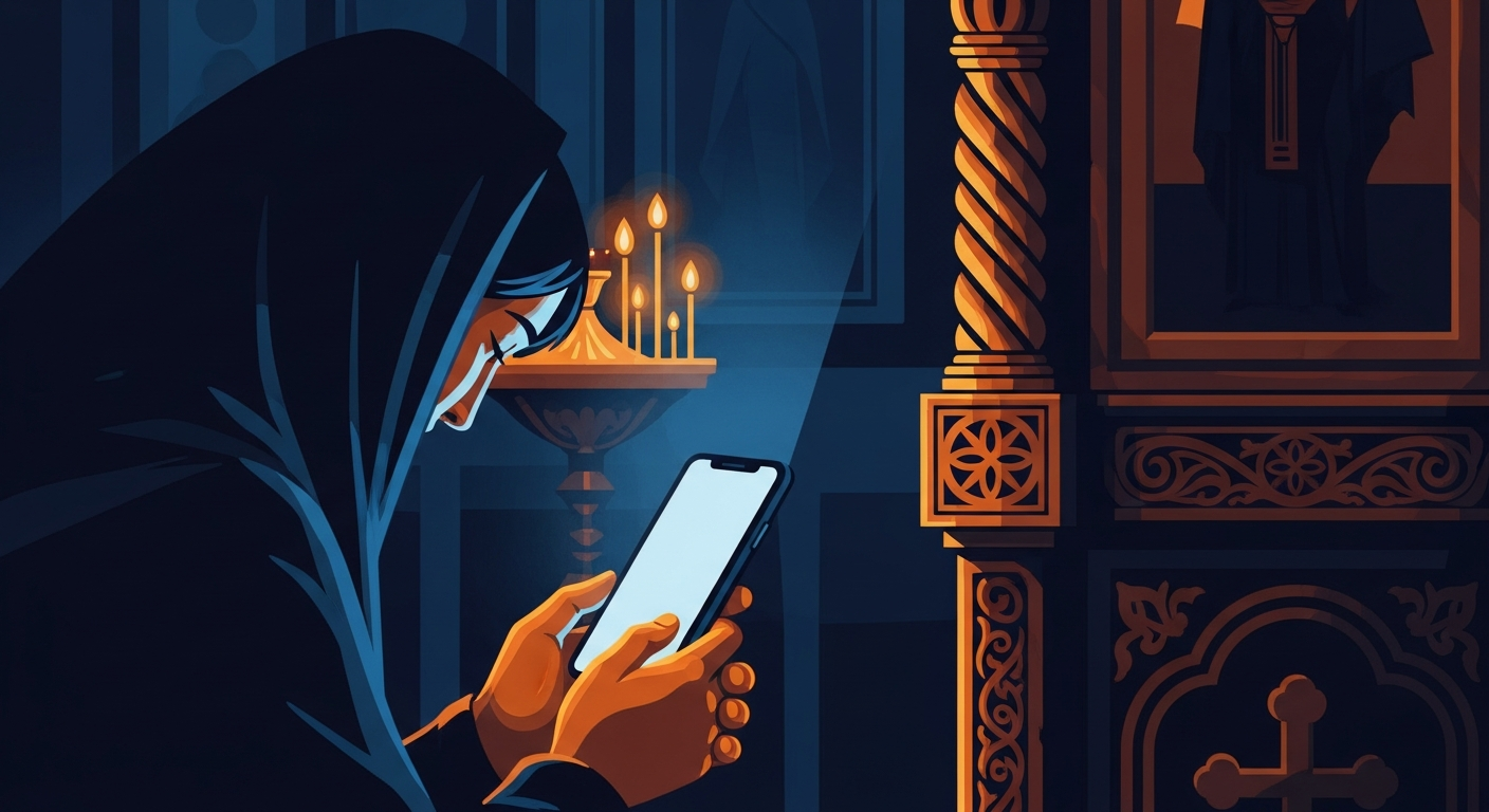 Прихожанин у иконы со смартфоном